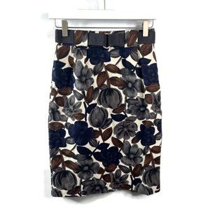 Boden Linen Pencil Skirt Belted Floral Print Side Zip US 2 - fits like a 00.